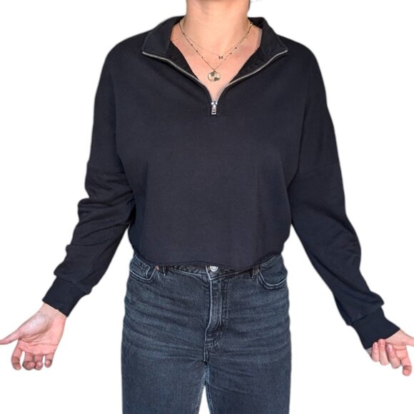 Garage Black Cropped Quarter Zip with Cuffed Sleeves Women Size Medium - Picture 1 of 8
